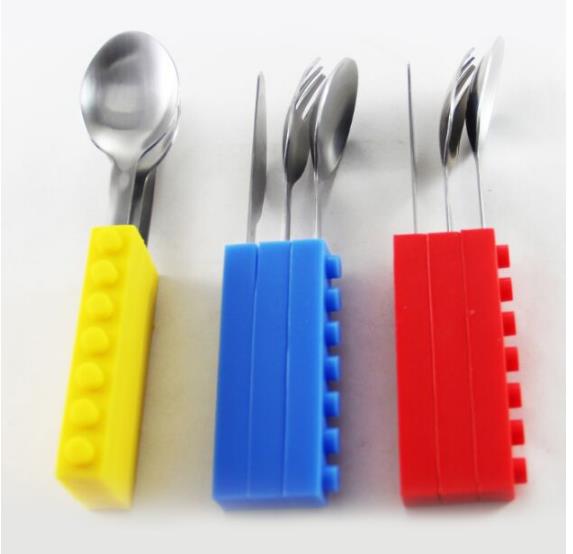 3PCS Creative Bricks Silicone Stainless Steel Portable Travel Kids Cutlery Fork Picnic Set Gift For CHild Dinnerware