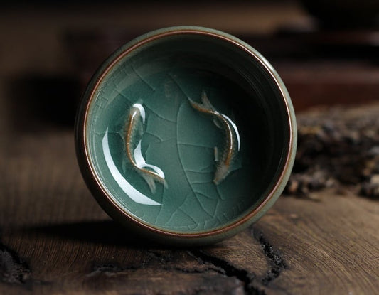 Celadon Tea Set, Tasting Cup, Small Fish Tea Cup, Geyao Ice Cracked Glazed Carp Cup, Small Tea Bowl
