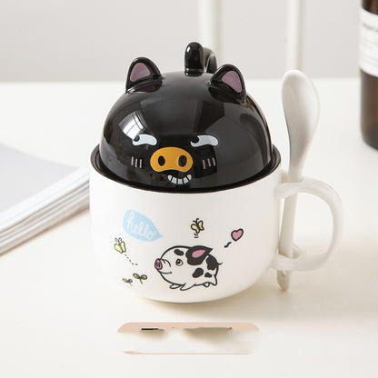 Cartoon Office Ceramic Mug With Lid Spoon